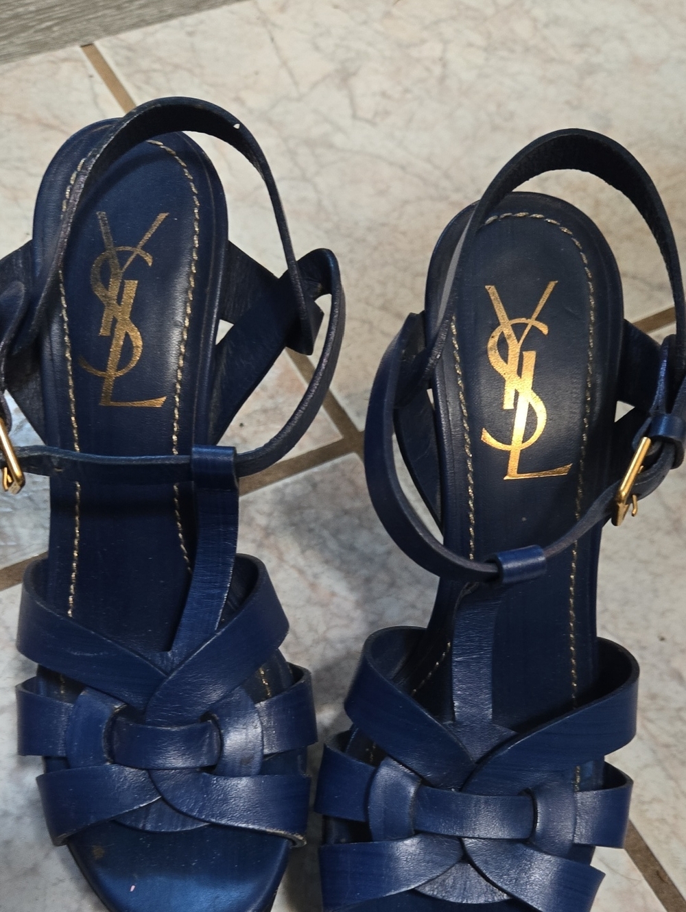 Yves Saint Laurent Navy Leather Strappy Heeled Sandals with Gold Logo
